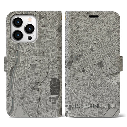 【月寒中央（北海道）】地図柄iPhoneケース（手帳タイプ）モノトーン・iPhone 13 Pro 用