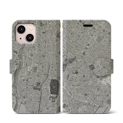 【月寒中央（北海道）】地図柄iPhoneケース（手帳タイプ）モノトーン・iPhone 13 mini 用