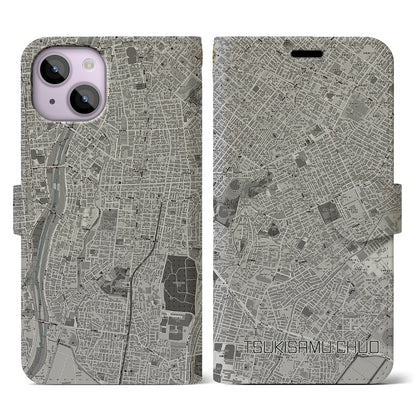 【月寒中央（北海道）】地図柄iPhoneケース（手帳タイプ）モノトーン・iPhone 14 用