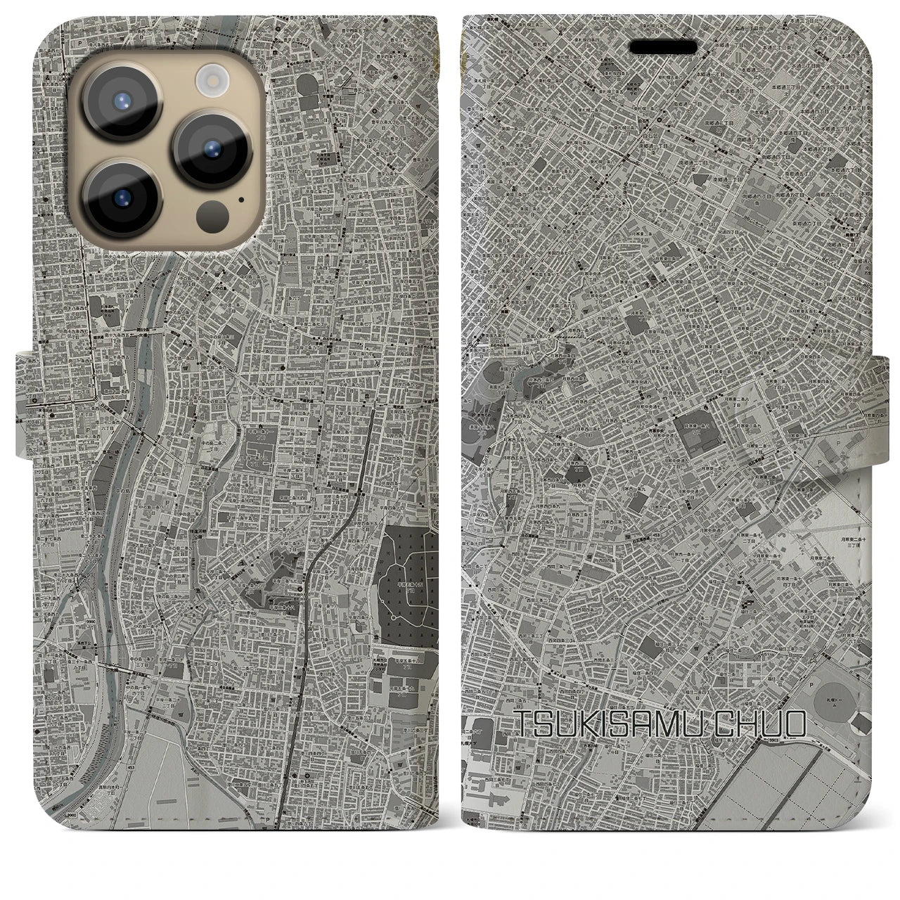 【月寒中央】地図柄iPhoneケース（手帳両面タイプ・モノトーン）iPhone 14 Pro Max 用