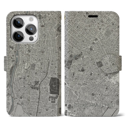 【月寒中央（北海道）】地図柄iPhoneケース（手帳タイプ）モノトーン・iPhone 14 Pro 用