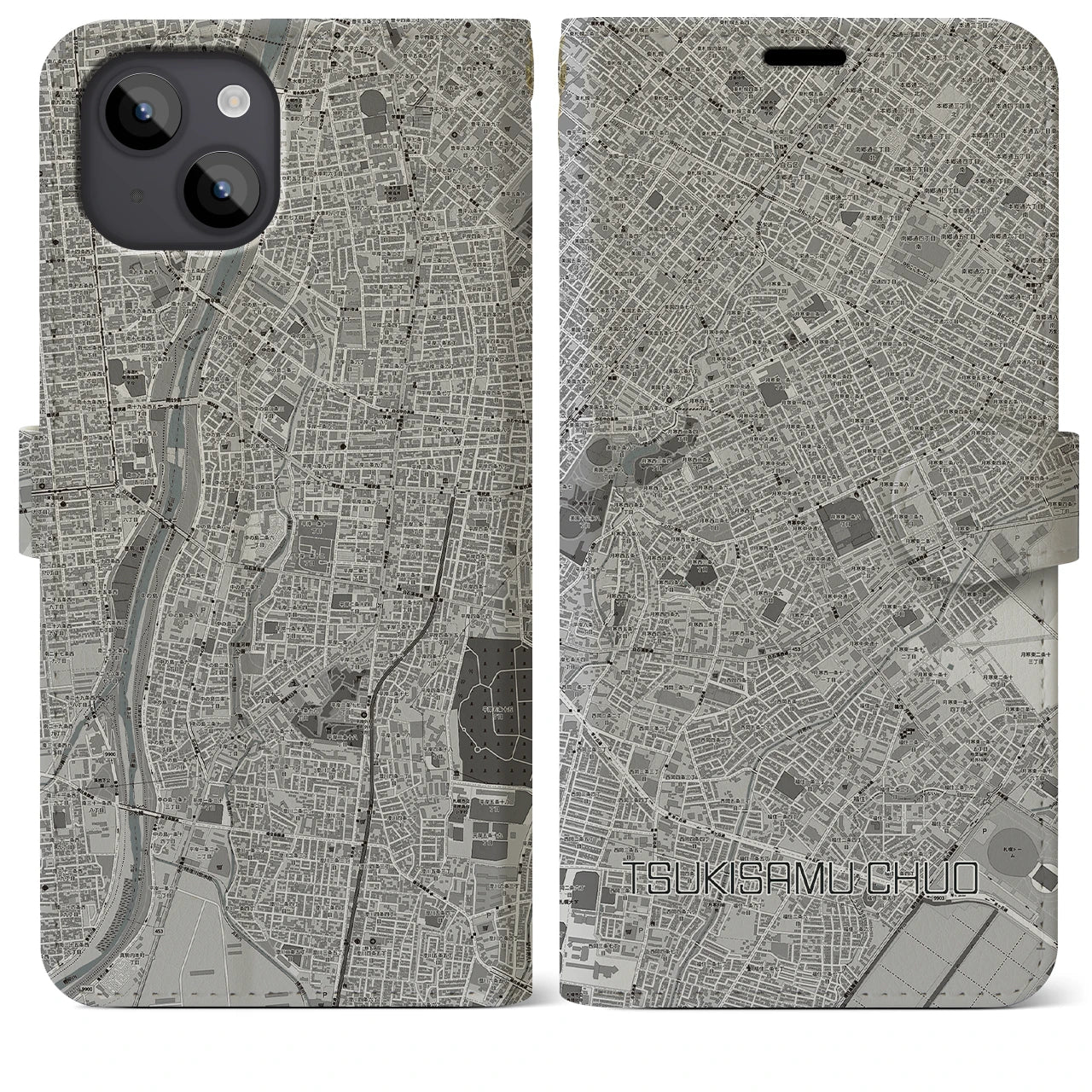 【月寒中央】地図柄iPhoneケース（手帳両面タイプ・モノトーン）iPhone 14 Plus 用