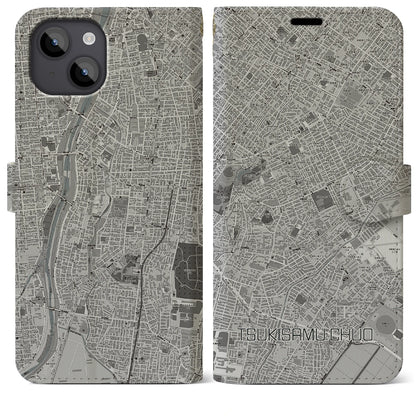 【月寒中央（北海道）】地図柄iPhoneケース（手帳タイプ）モノトーン・iPhone 14 Plus 用