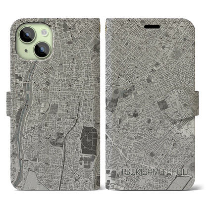 【月寒中央（北海道）】地図柄iPhoneケース（手帳タイプ）モノトーン・iPhone 15 用