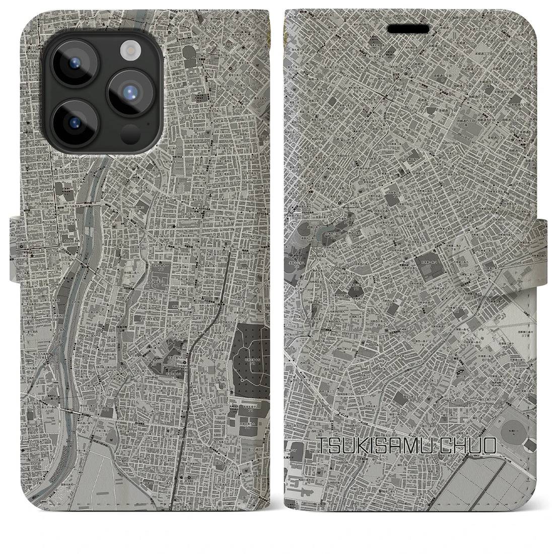 【月寒中央】地図柄iPhoneケース（手帳両面タイプ・モノトーン）iPhone 15 Pro Max 用