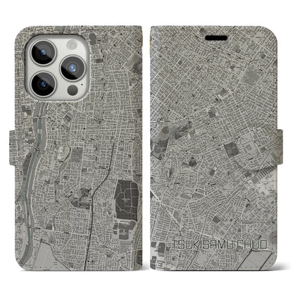 【月寒中央（北海道）】地図柄iPhoneケース（手帳タイプ）モノトーン・iPhone 15 Pro 用