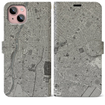 【月寒中央（北海道）】地図柄iPhoneケース（手帳タイプ）モノトーン・iPhone 15 Plus 用