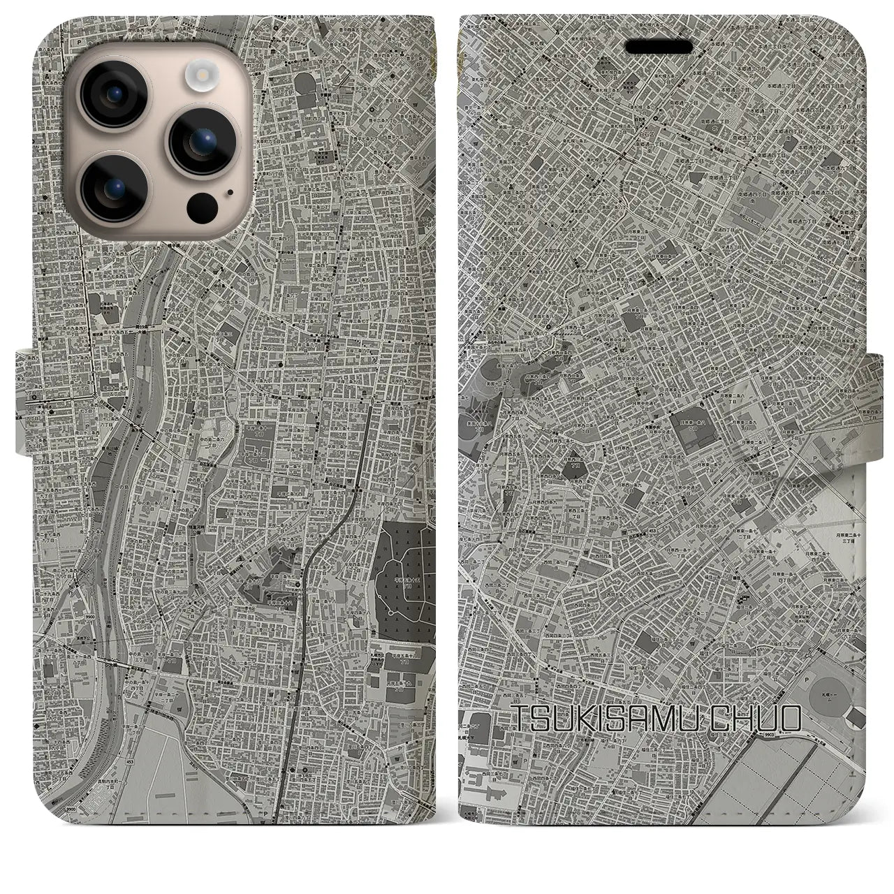 【月寒中央（北海道）】地図柄iPhoneケース（手帳タイプ）モノトーン・iPhone 16 Plus 用