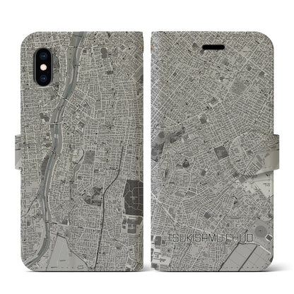 【月寒中央（北海道）】地図柄iPhoneケース（手帳タイプ）モノトーン・iPhone XS / X 用