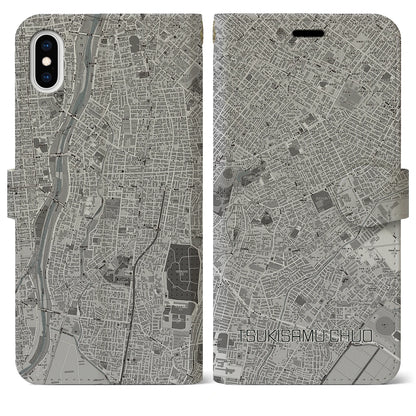 【月寒中央（北海道）】地図柄iPhoneケース（手帳タイプ）モノトーン・iPhone XS Max 用