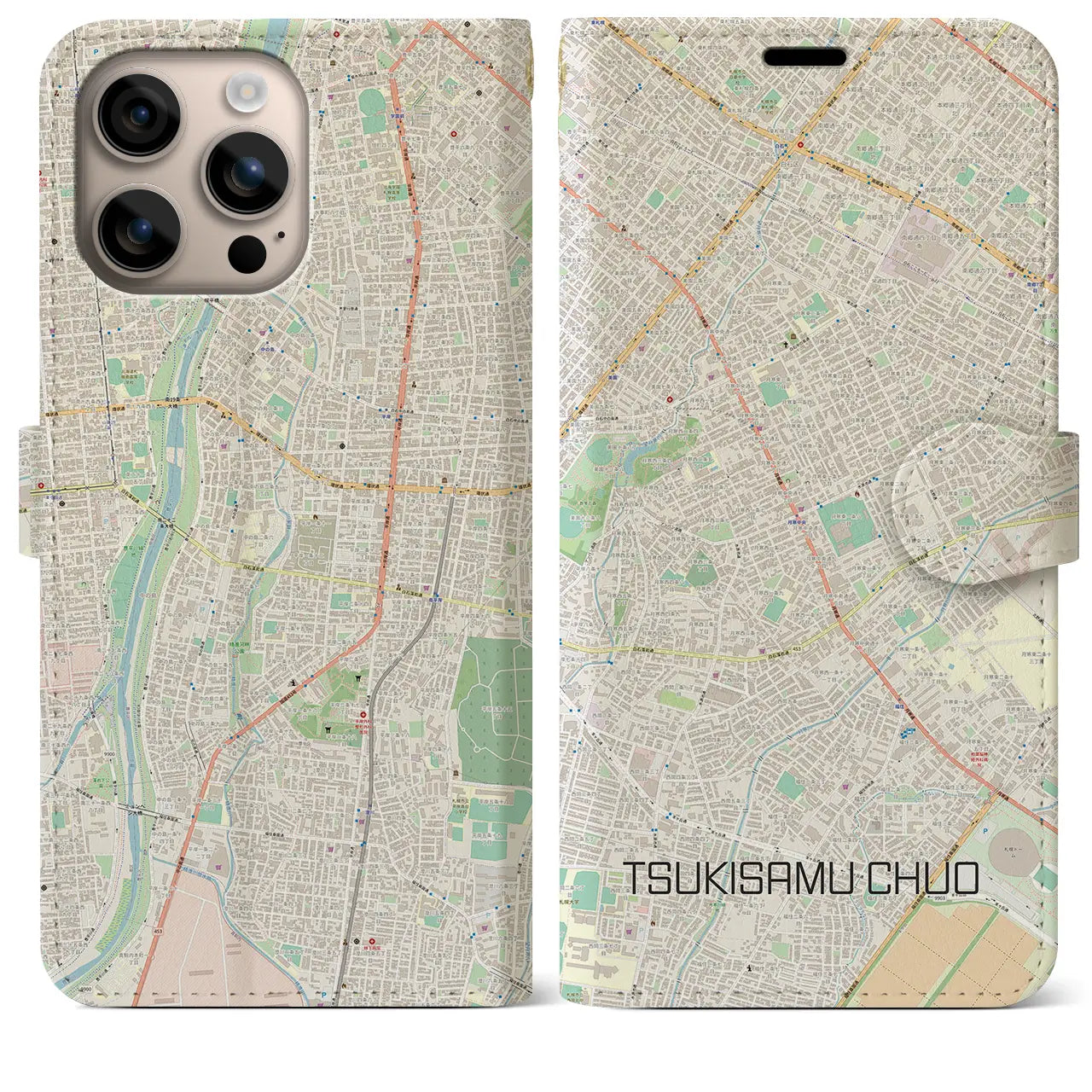 【月寒中央（北海道）】地図柄iPhoneケース（手帳タイプ）ナチュラル・iPhone 16 Plus 用