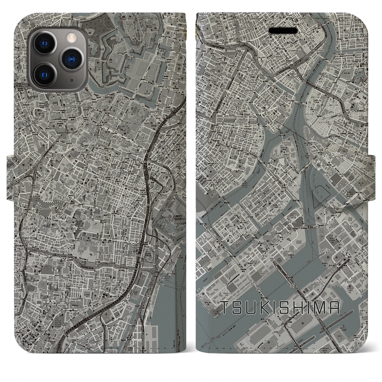 【月島】地図柄iPhoneケース（手帳両面タイプ・モノトーン）iPhone 11 Pro Max 用