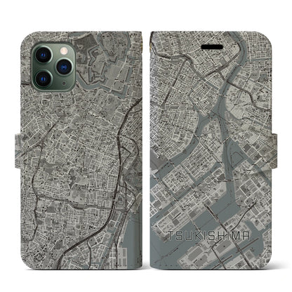 【月島（東京都）】地図柄iPhoneケース（手帳タイプ）モノトーン・iPhone 11 Pro 用