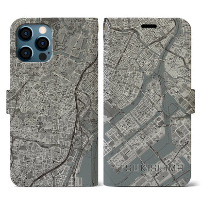 【月島（東京都）】地図柄iPhoneケース（手帳タイプ）モノトーン・iPhone 12 / 12 Pro 用