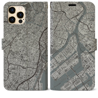 【月島（東京都）】地図柄iPhoneケース（手帳タイプ）モノトーン・iPhone 12 Pro Max 用