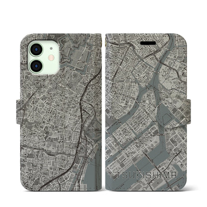 【月島（東京都）】地図柄iPhoneケース（手帳タイプ）モノトーン・iPhone 12 mini 用