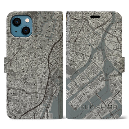 【月島（東京都）】地図柄iPhoneケース（手帳タイプ）モノトーン・iPhone 13 用