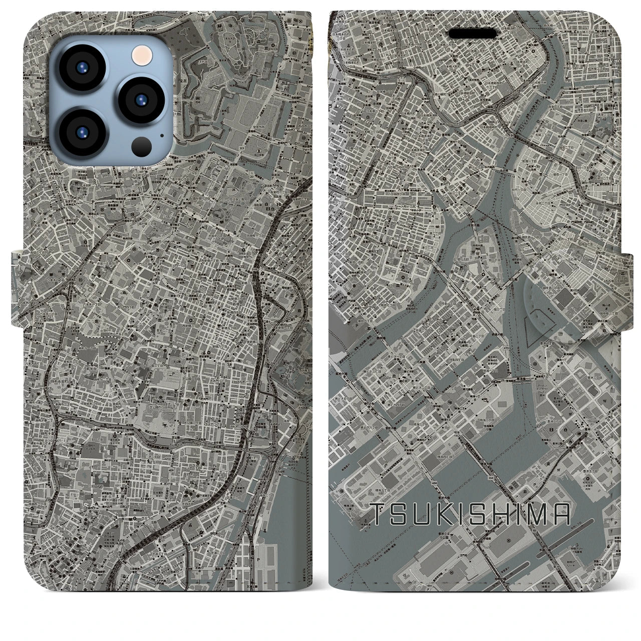 【月島】地図柄iPhoneケース（手帳両面タイプ・モノトーン）iPhone 13 Pro Max 用