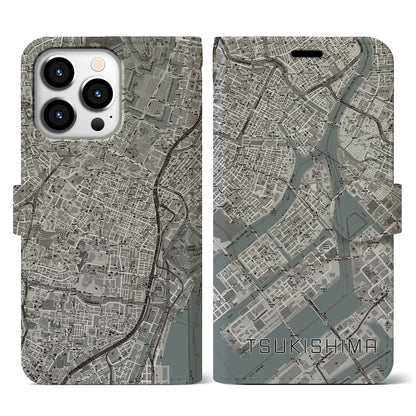 【月島（東京都）】地図柄iPhoneケース（手帳タイプ）モノトーン・iPhone 13 Pro 用