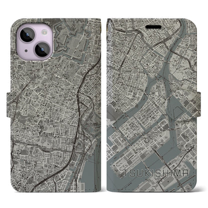 【月島（東京都）】地図柄iPhoneケース（手帳タイプ）モノトーン・iPhone 14 用