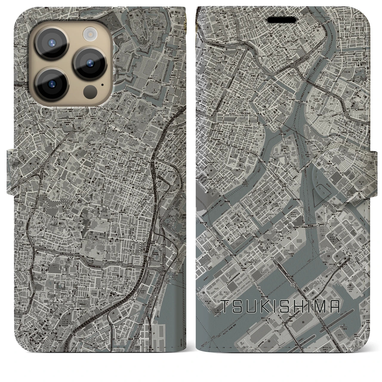 【月島】地図柄iPhoneケース（手帳両面タイプ・モノトーン）iPhone 14 Pro Max 用