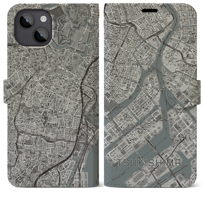 【月島（東京都）】地図柄iPhoneケース（手帳タイプ）モノトーン・iPhone 14 Plus 用