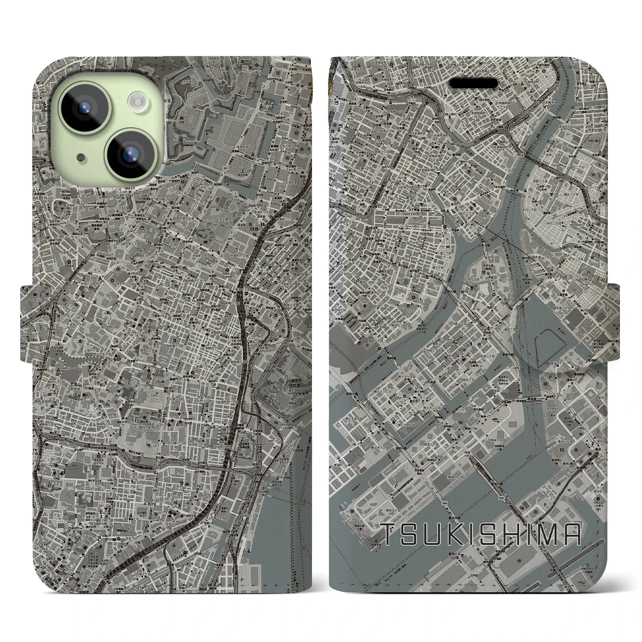 【月島】地図柄iPhoneケース（手帳両面タイプ・モノトーン）iPhone 15 用