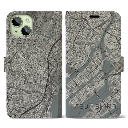 【月島（東京都）】地図柄iPhoneケース（手帳タイプ）モノトーン・iPhone 15 用