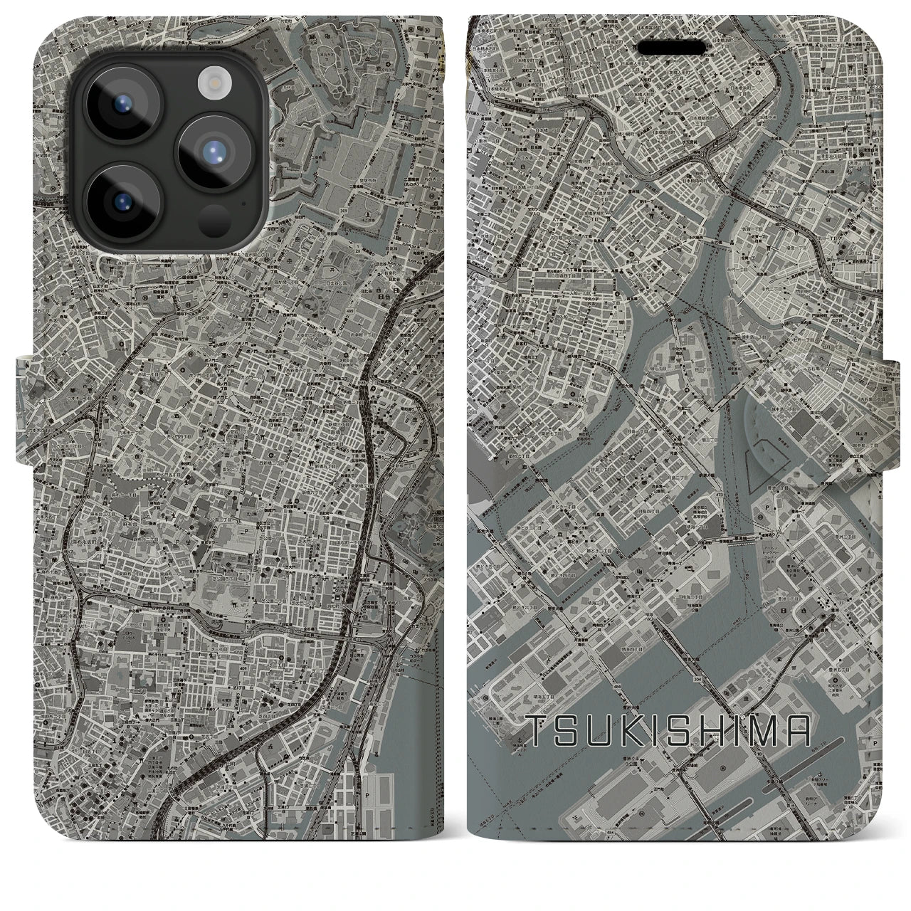 【月島】地図柄iPhoneケース（手帳両面タイプ・モノトーン）iPhone 15 Pro Max 用