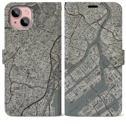 【月島（東京都）】地図柄iPhoneケース（手帳タイプ）モノトーン・iPhone 15 Plus 用