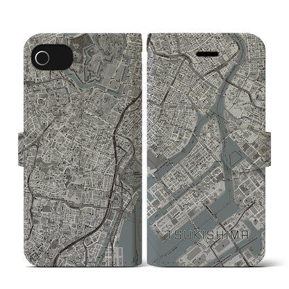 【月島（東京都）】地図柄iPhoneケース（手帳タイプ）モノトーン・iPhone SE（第3 / 第2世代） / 8 / 7 / 6s / 6 用