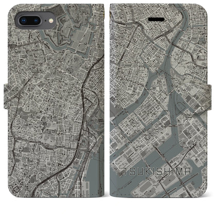 【月島（東京都）】地図柄iPhoneケース（手帳タイプ）モノトーン・iPhone 8Plus /7Plus / 6sPlus / 6Plus 用