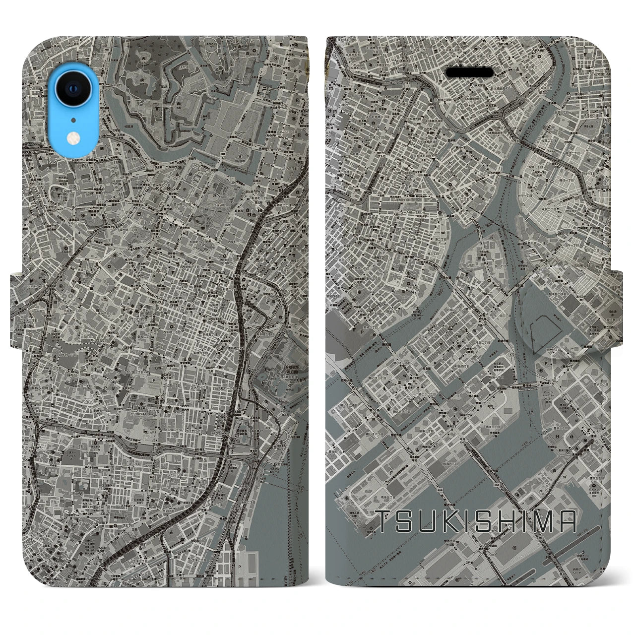 【月島】地図柄iPhoneケース（手帳両面タイプ・モノトーン）iPhone XR 用