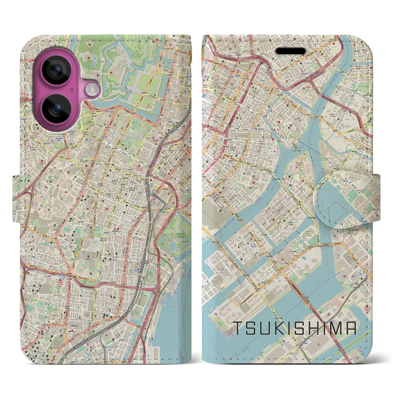 【月島（東京都）】地図柄iPhoneケース（手帳タイプ）ナチュラル・iPhone 16 Pro 用