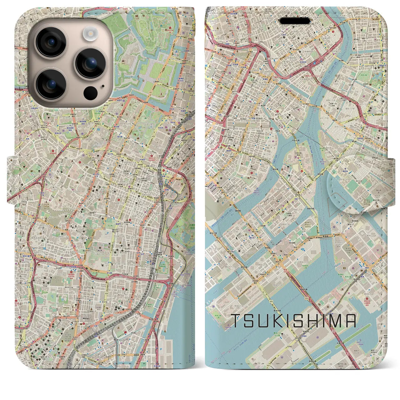 【月島（東京都）】地図柄iPhoneケース（手帳タイプ）ナチュラル・iPhone 16 Plus 用