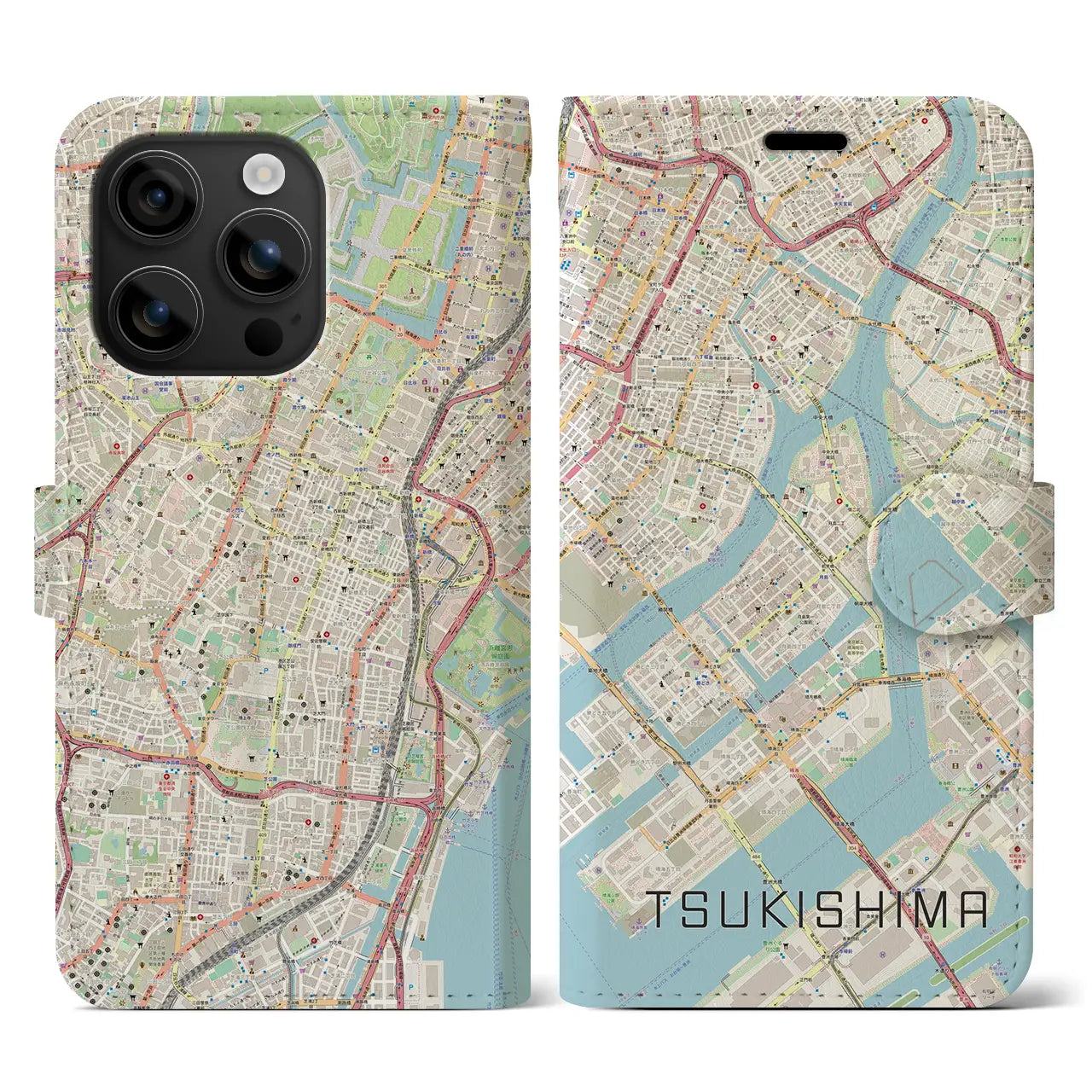 【月島（東京都）】地図柄iPhoneケース（手帳タイプ）ナチュラル・iPhone 16 用