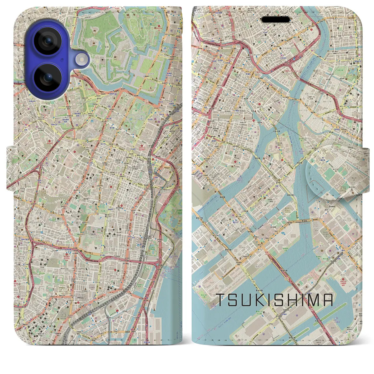 【月島（東京都）】地図柄iPhoneケース（手帳タイプ）ナチュラル・iPhone 16 Pro Max 用