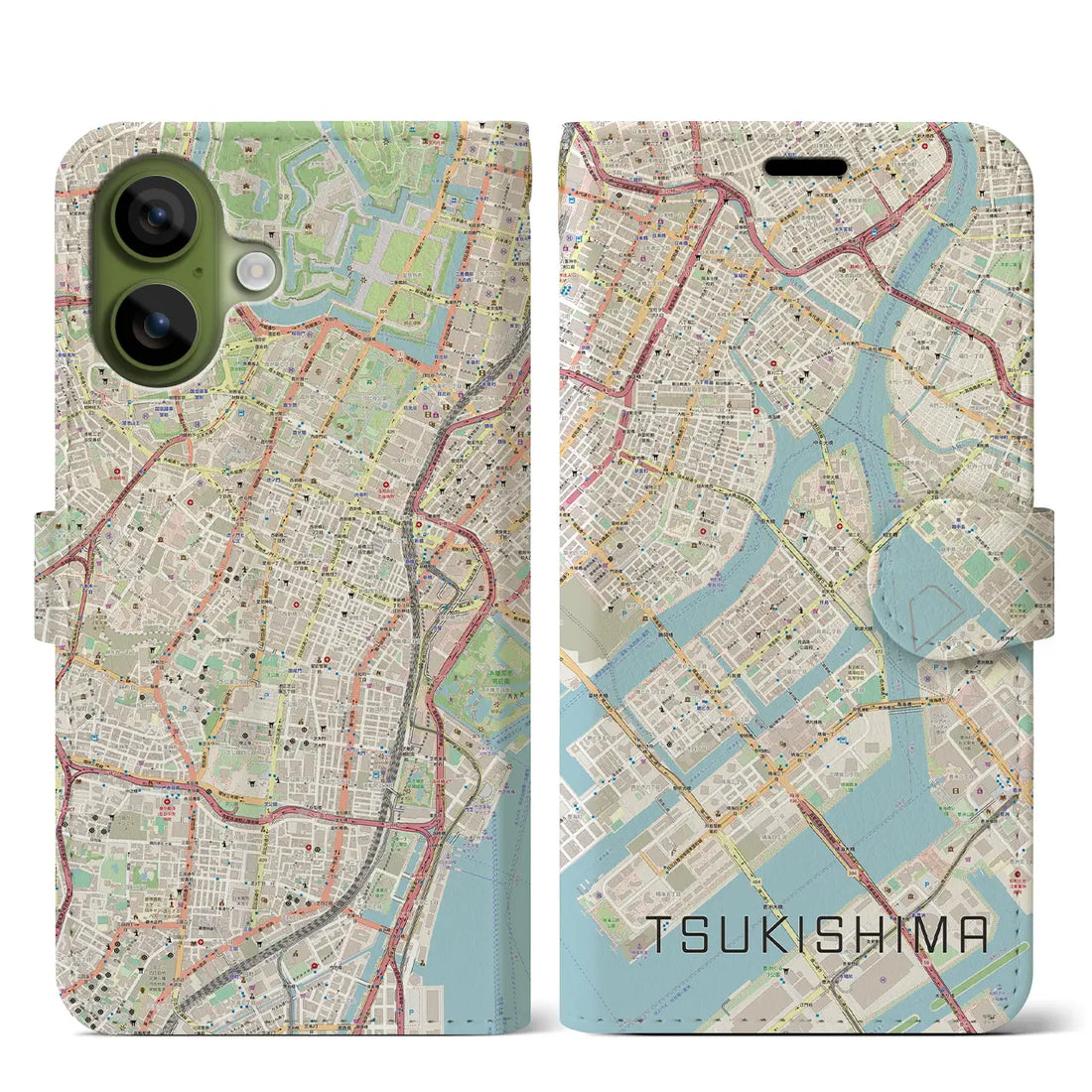 【月島（東京都）】地図柄iPhoneケース（手帳タイプ）ナチュラル・iPhone 17 Pro Max 用
