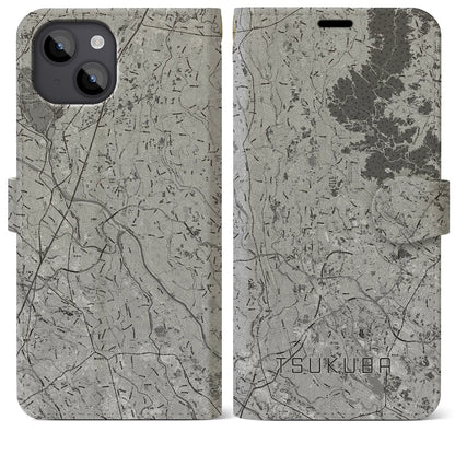【つくば2（茨城県）】地図柄iPhoneケース（手帳タイプ）モノトーン・iPhone 14 Plus 用