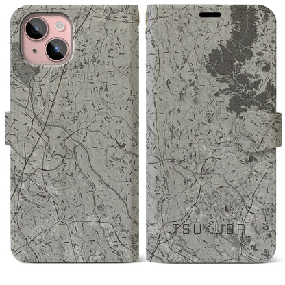 【つくば2（茨城県）】地図柄iPhoneケース（手帳タイプ）モノトーン・iPhone 15 Plus 用