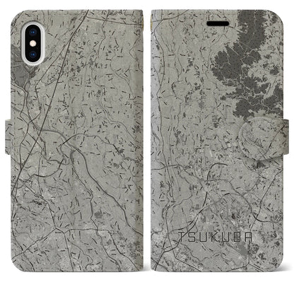 【つくば2（茨城県）】地図柄iPhoneケース（手帳タイプ）モノトーン・iPhone XS Max 用