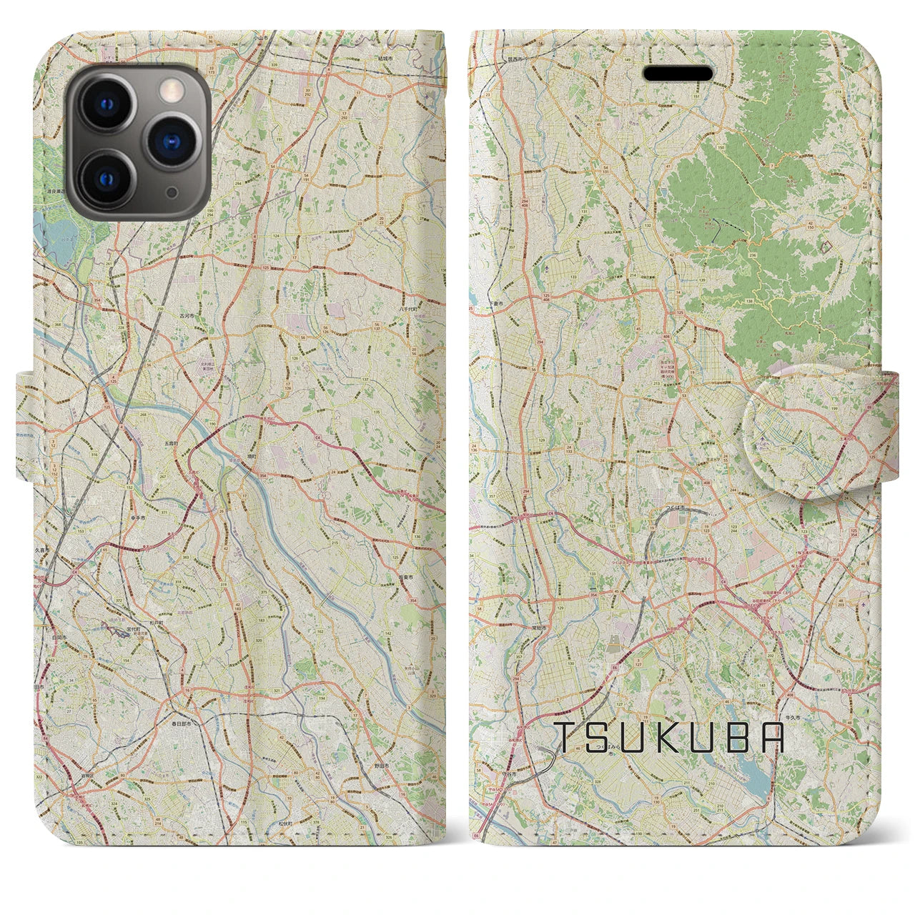 【つくば2】地図柄iPhoneケース（手帳両面タイプ・ナチュラル）iPhone 11 Pro Max 用
