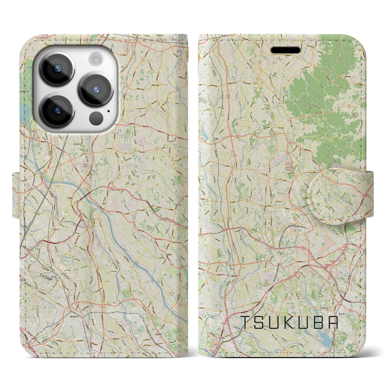 【つくば2】地図柄iPhoneケース（手帳両面タイプ・ナチュラル）iPhone 14 Pro 用