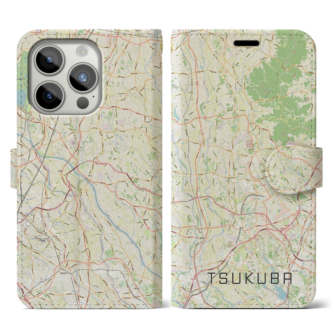 【つくば2】地図柄iPhoneケース（手帳両面タイプ・ナチュラル）iPhone 15 Pro 用