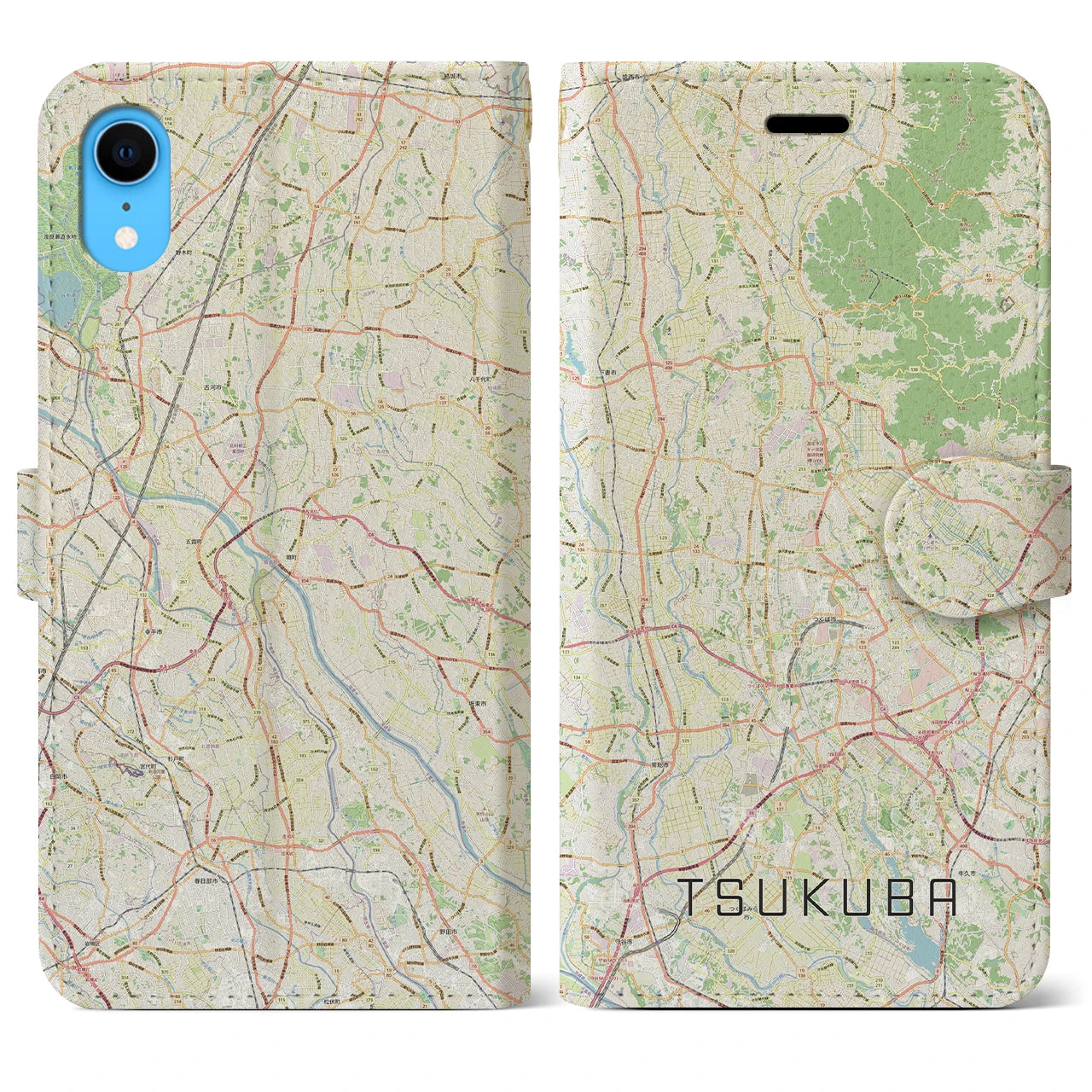 【つくば2】地図柄iPhoneケース（手帳両面タイプ・ナチュラル）iPhone XR 用