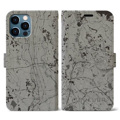 【つくば（茨城県）】地図柄iPhoneケース（手帳タイプ）モノトーン・iPhone 12 / 12 Pro 用