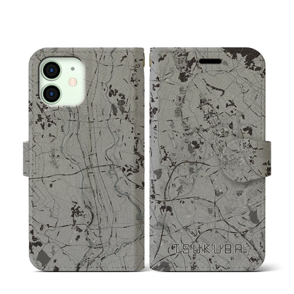 【つくば（茨城県）】地図柄iPhoneケース（手帳タイプ）モノトーン・iPhone 12 mini 用