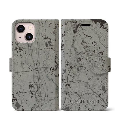 【つくば（茨城県）】地図柄iPhoneケース（手帳タイプ）モノトーン・iPhone 13 mini 用