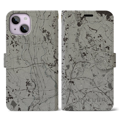 【つくば（茨城県）】地図柄iPhoneケース（手帳タイプ）モノトーン・iPhone 14 用
