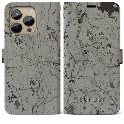 【つくば（茨城県）】地図柄iPhoneケース（手帳タイプ）モノトーン・iPhone 14 Pro Max 用